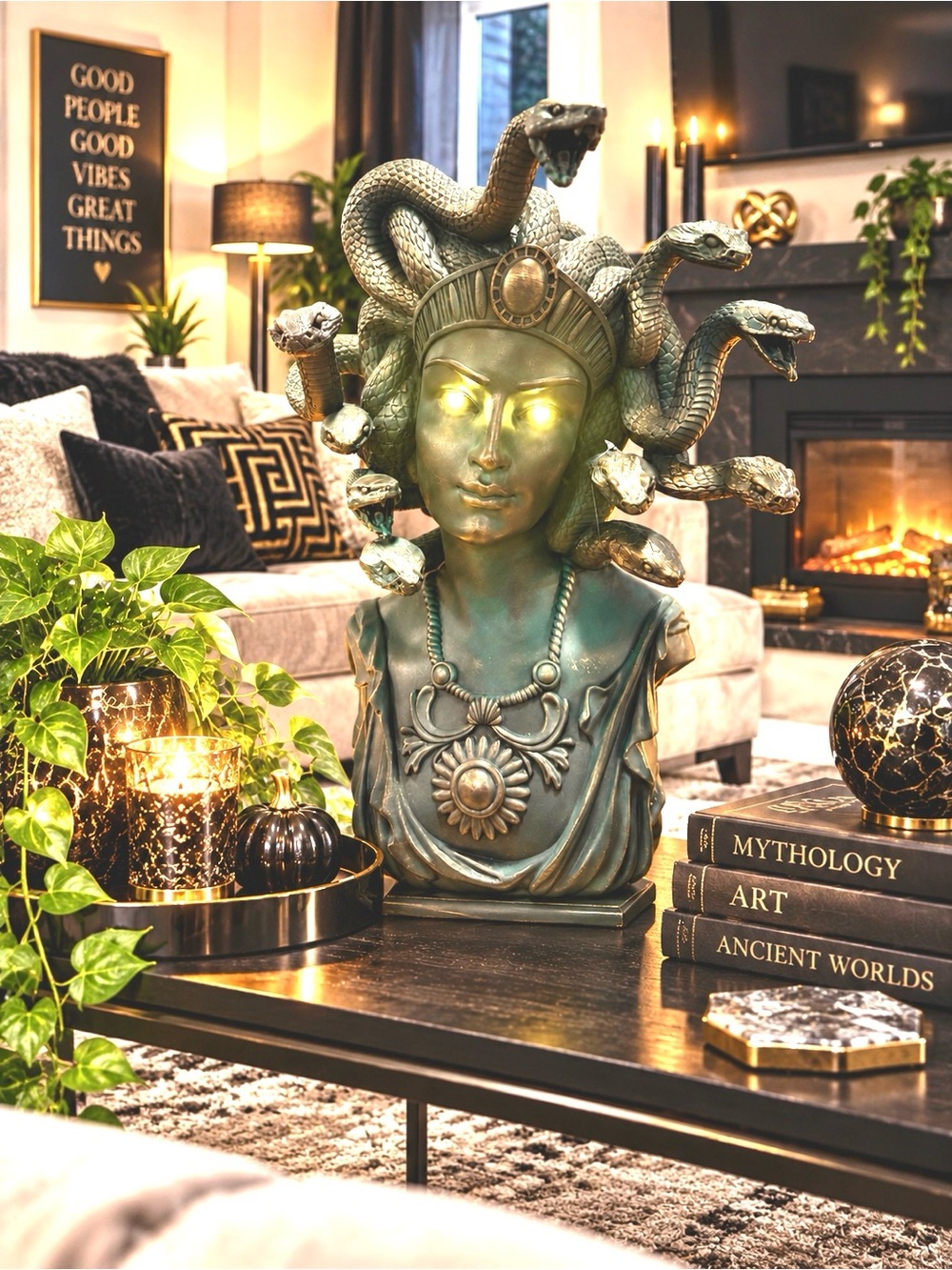 Medusa Glowing Eyes Statue – Large Greek Goddess Snake Head Home Décor